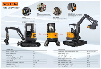 Burly 3.0 Ton Excavator with Kubota D1105 Engine -  Excavator from BurlyHE.com