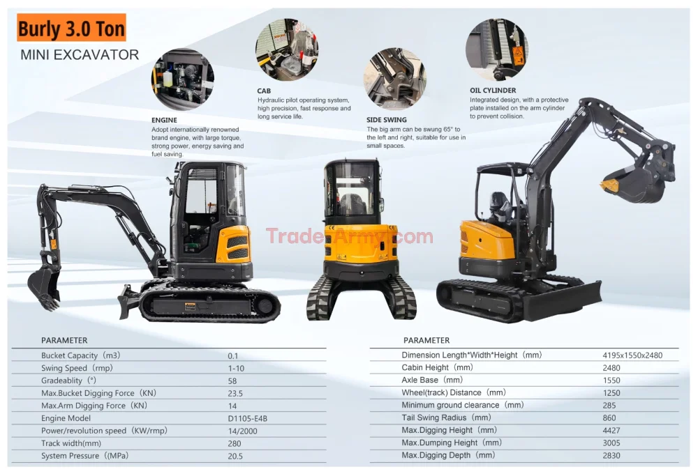 Burly 3.0 Ton Excavator with Kubota D1105 Engine - Excavator from BurlyHE.com